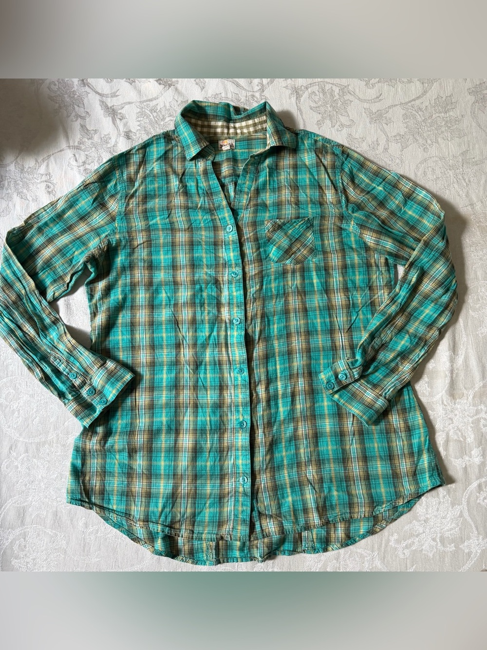 Mudd Women's Long Sleeve Slim Fit Button-Down Shirt Blue Brown Plaid Y2K Size XL